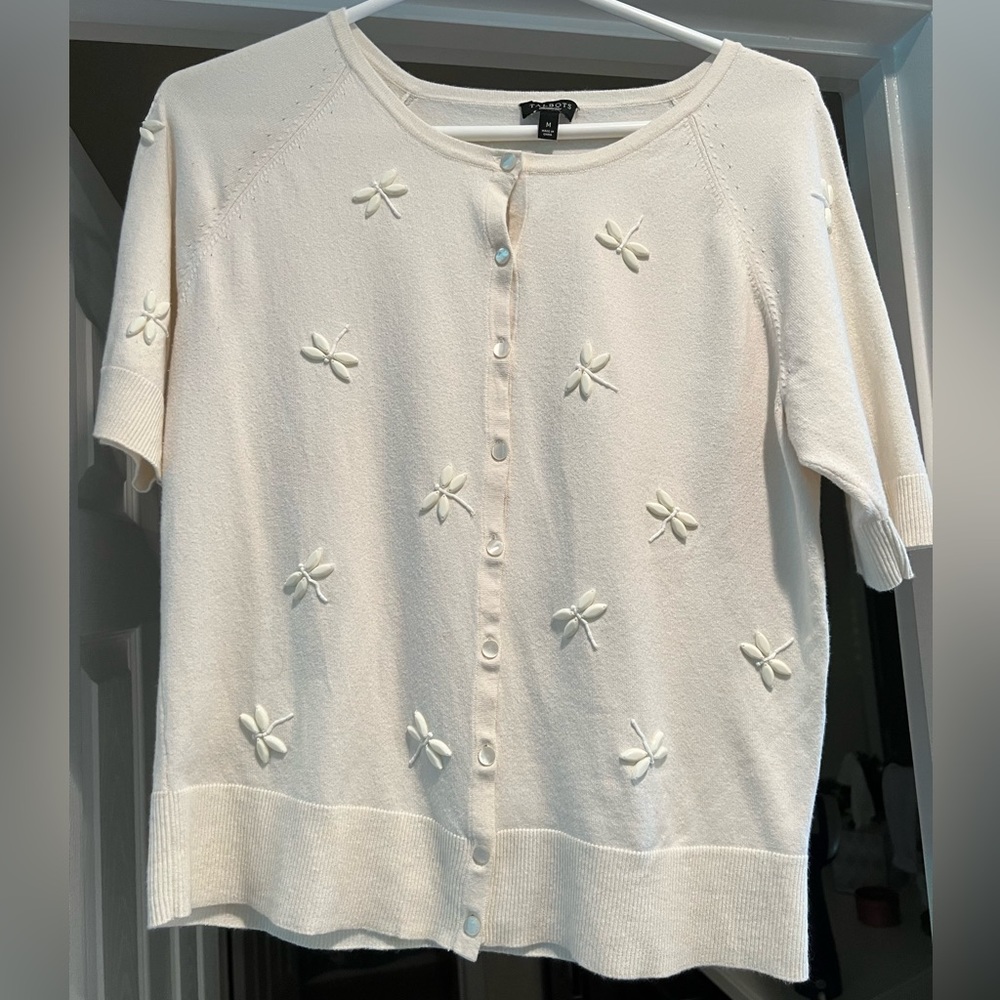 Talbots Dragonfly Short Sleeved Sweater Blouse Cream Ladies Medium